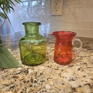 Blenko Like Hand Blown Green Vase 5" & Orange Crackle Pitcher 4.5"